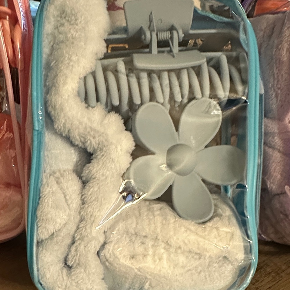 Turquoise Clear  Toiletry Bag with Blue Plush Accessories